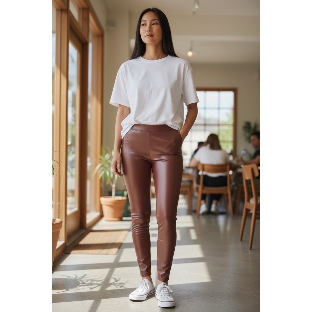 Leggings Depot Faux Leather Pants Brown High Waist Stretch Slim Fit Women Size L